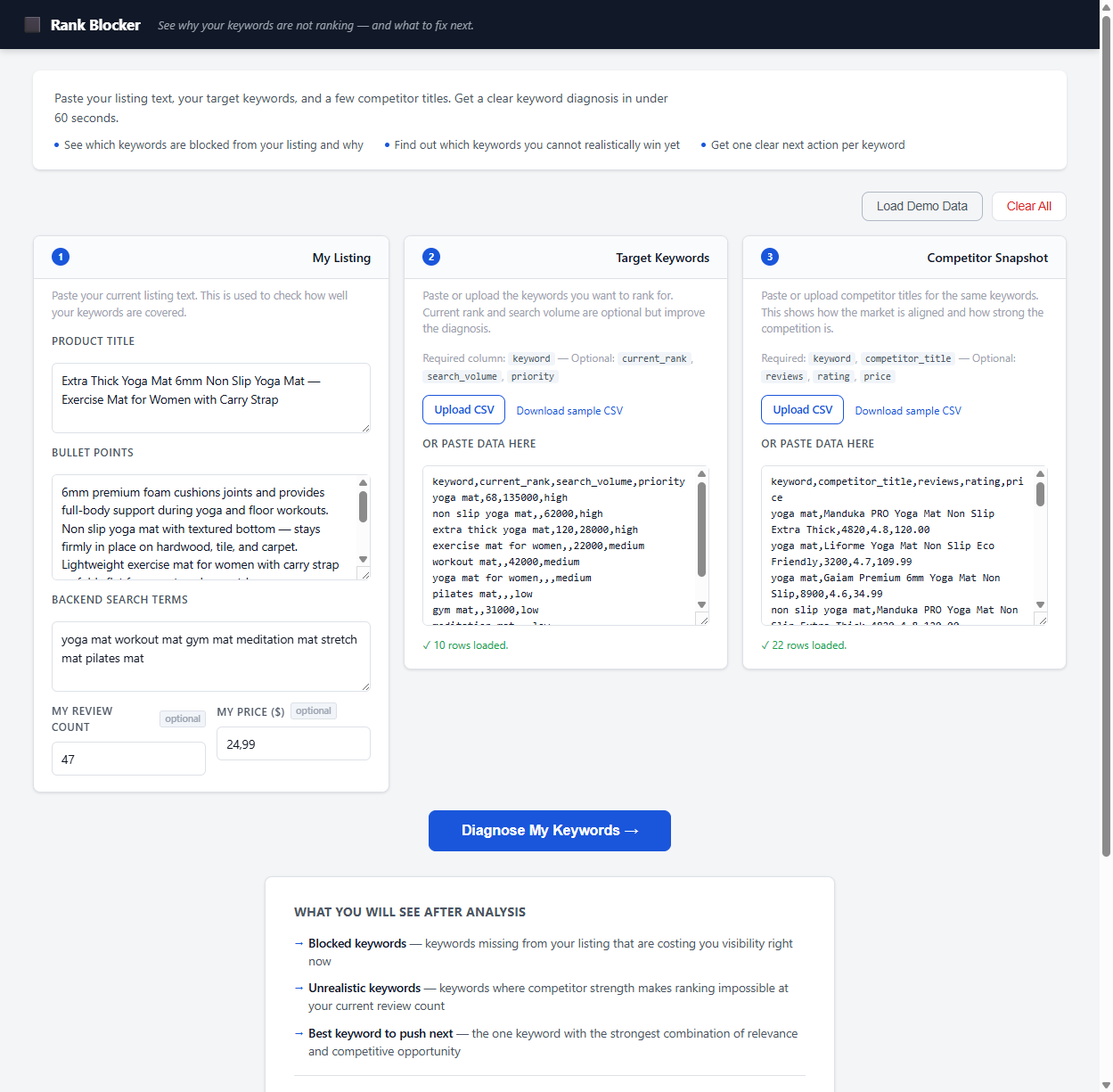 Rank Blocker demo data loaded — yoga mat listing example with target keywords and competitor snapshot
