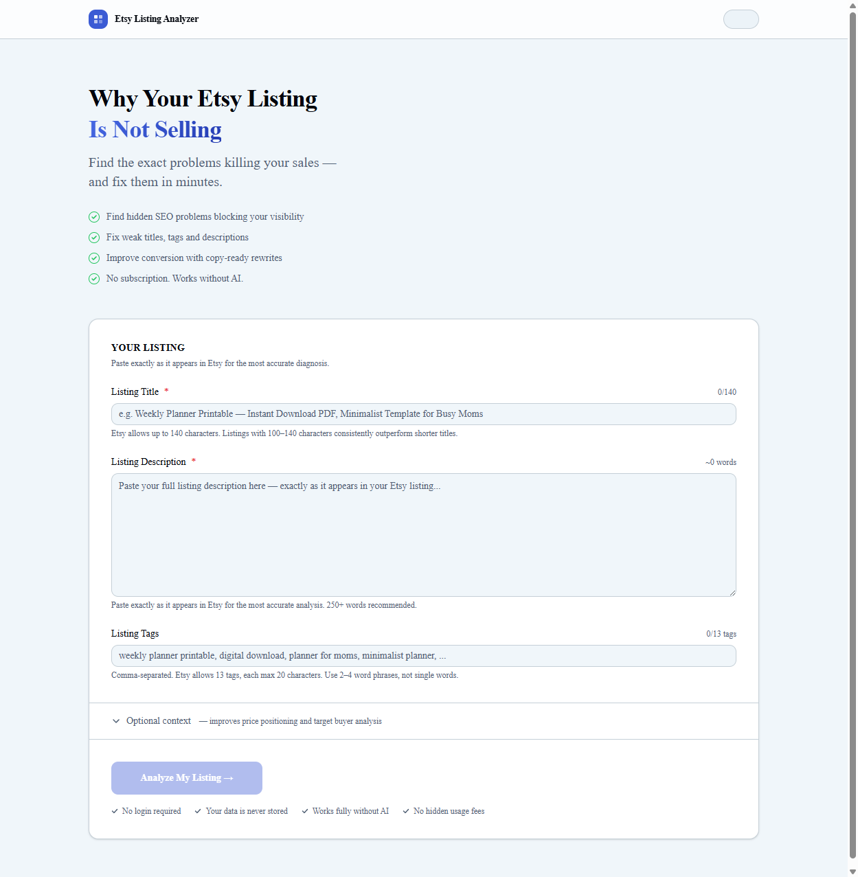 Etsy listing analyzer showing overall audit score, category breakdown across SEO, conversion, tags, description quality, trust signals, and buyer intent.