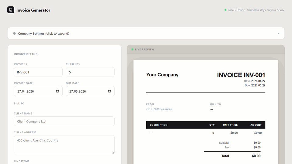 Invoice Generator: filling in company name, client details and line items while the live preview updates in real time