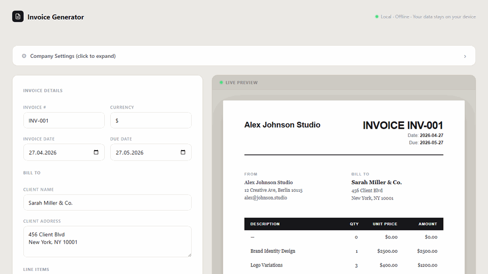 Invoice Generator showing a completed professional invoice with live preview and Download PDF button