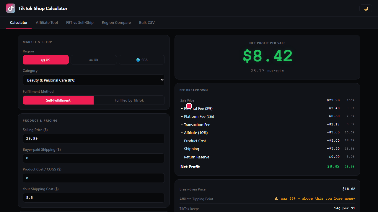 TikTok Shop Profit Calculator — live demo